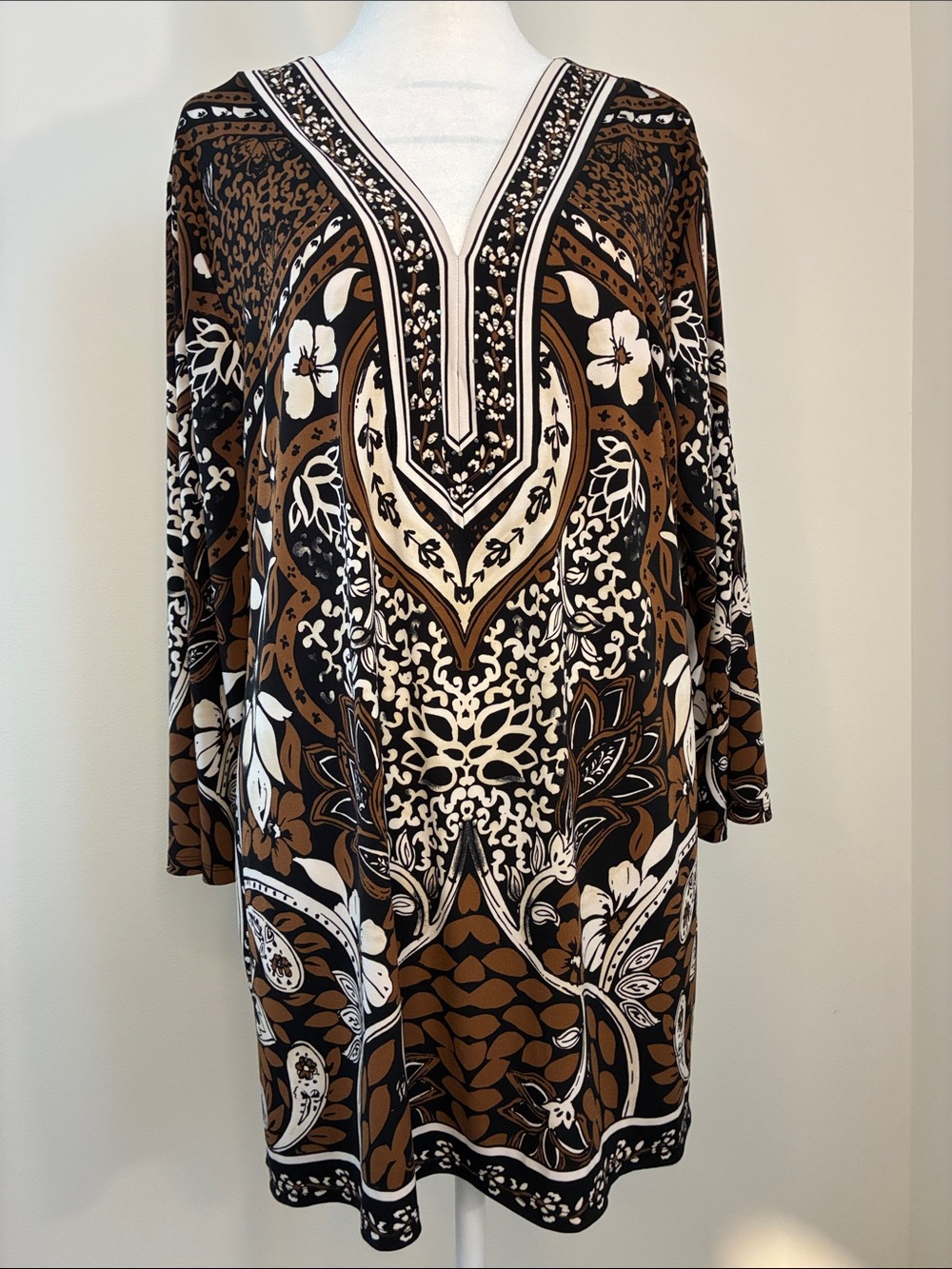 JM Collection Black Floral Blouse with Cream & Brown Accents